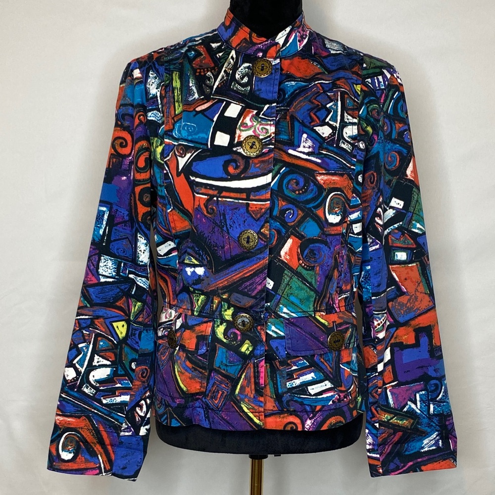 Vintage Chico’s Abstract Art Style Cotton Long Sleeve Button Down Jacket